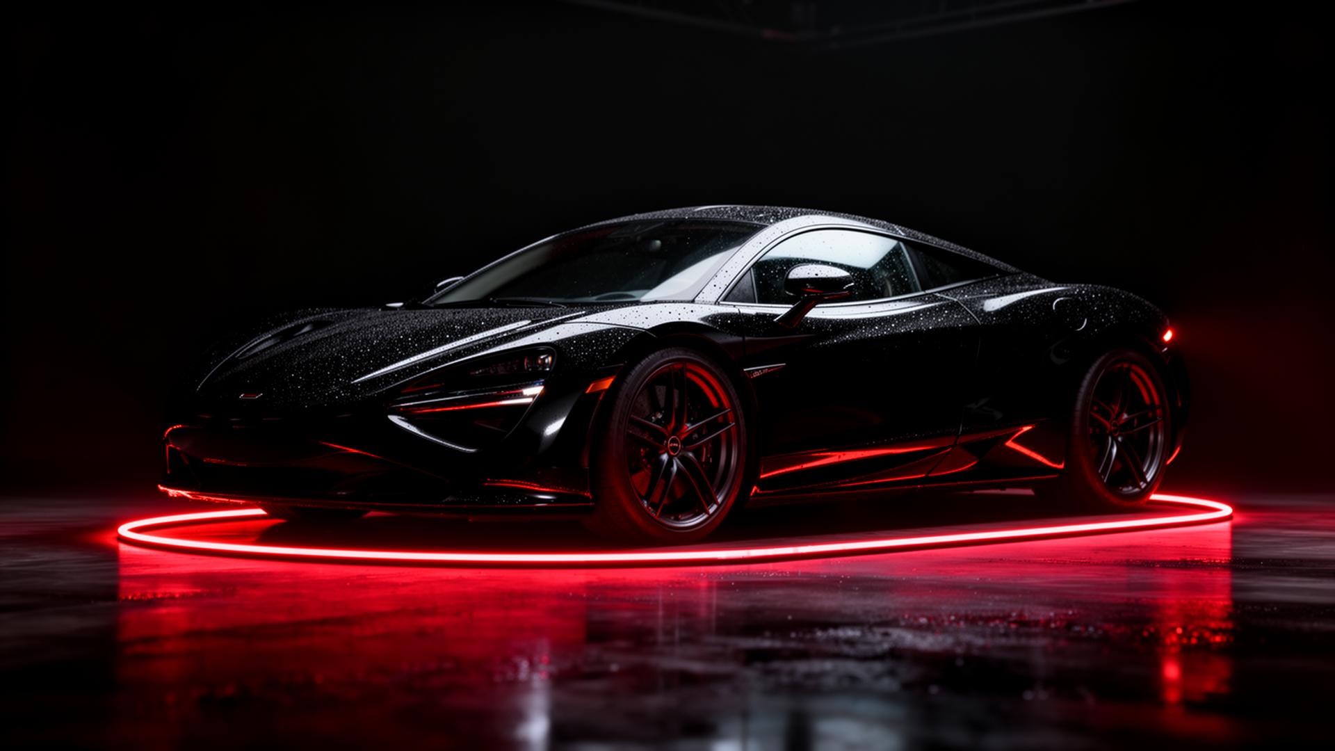 Black sports car emerging from darkness